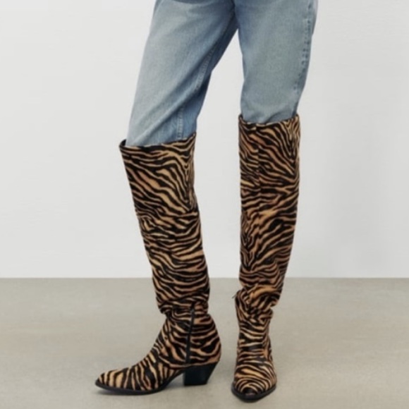 Zara Shoes Zara Cow Hide Genuine Leather Animal Print Over The Knee